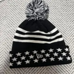 NEW ERA ニット帽 ストライプ星柄 ポンポン付 ネイビー×ホワイト
