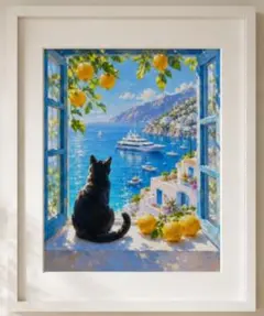 原画#3784 黒猫　マルタ共和国　地中海　水彩画　ドローイング　インテリア　絵 大人気 】爽やかな地中海とレモン 黒猫の風景画 アート 大きいサイズ