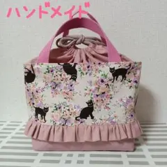 巾着トートバッグ　黒ネコ柄　ハンドメイド