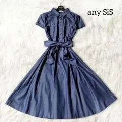 エニィスィス ワンピース 半袖 ネイビー ビジュー ベルト フレア ひざ丈 春夏のサムネイル