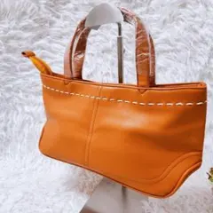 【美品】ミニハンドバッグ　ステッチ　合成皮革　PVC ブラウン　ノーブランド