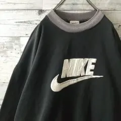 90s USA製 ナイキ 刺繍レザーロゴ リブライン スウェット XL ブラック