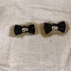 シャネル風ミンク&ブラックリボンヘアクリップ 5付オーダーハンドメイド