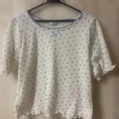 Honeys ハニーズ ショート丈 花柄 フリル リボン カットソー半袖シャツL