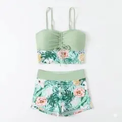 女の子 水着 ビキニ セットアップ 2点セット グリーン ボタニカル