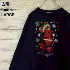 古着 Disney×Hanes スウェット ミッキー クリスマス ネイビー L