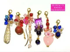 天然石入り雫とガラス猫とハートのゆらゆらチャーム