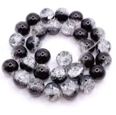 【995】クラック水晶ガラスビーズ★ブラック*ホワイト 12mm/1連