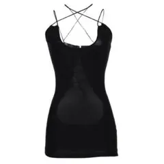 【myl】ブラックミニ丈スリップランジェリー 背中あき クロス編み8068