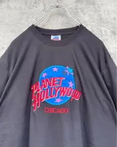 USA製 プラネットハリウッド 黒 Tシャツ 刺繍ロゴ XL シカゴ
