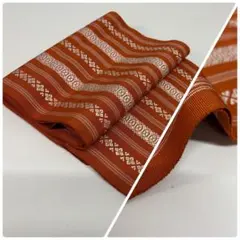 長*川様 zz518 縦ストライプ柄 正絹 オレンジ地 名古屋帯 昼夜仕立て 1