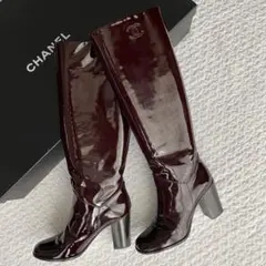 CHANEL シャネル ロングブーツ エナメル レザー ボルドー 35C