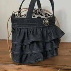 巾着つきフリルトートバッグミニ ブラックデニム　ハンドメイド