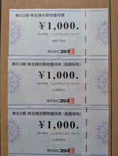 株式会社コジマ 株主優待券3枚3000円分