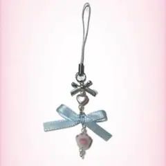 ビーズキーホルダー 韓国 推し活 水色　ピンク リボン ストラップ