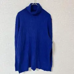 ニット タートルネック ケーブル L相当 青 綿 上品 通勤 デイリー