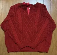 新品 INGNI ケーブル セーター Mサイズ レッド 背中 リボン Vネック