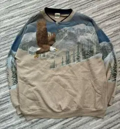 【USA製】XXL 90s 総柄スウェット ヘンリーネック 鷲 アニマル