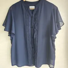 【数回着用のみ】接触冷感 インナー付ピンタックデザインブラウス　М　紺　ネイビー