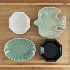 【新品4点】　美濃焼　鳥 プレート　八角 ドット 小鉢　花 小皿　オーバル 青緑
