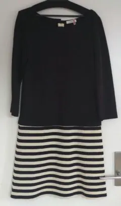 NÎMES 長袖膝丈ワンピース 紺・ボーダー