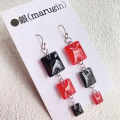 レッド×ブラック スクエア アシンメトリー ピアス〈金具変更無料〉#021