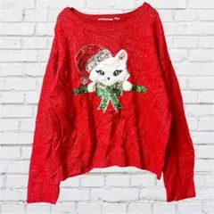一点もの✨ニット　セーター 長袖　猫　クリスマス　赤 サンタさん　ラメ