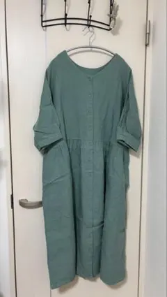 Samansa Mos2 グリーン リネン前後着ワンピース