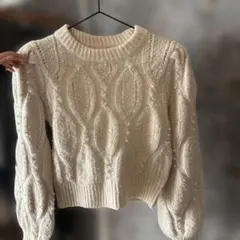 ZARA アイボリー パール装飾 ケーブルニット S