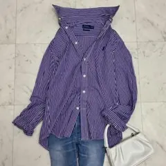 極美品！ ラルフローレン コットン100％ ストライプシャツ パープル ロゴ刺繍