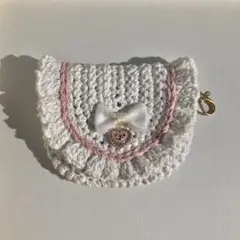ホワイト　リボン　フリル　ミニポーチ小物入れ　AirPodsケース　ハンドメイド