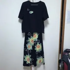 ハンドメイド　浴衣リメイク　半袖シャツと花柄パンツセット
