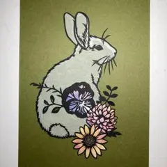 【（匿名配送）】切り絵　花とウサギ（貼り絵）