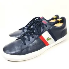 LACOSTE レザースニーカー レースアップ シボ革 ライン ネイビー 27