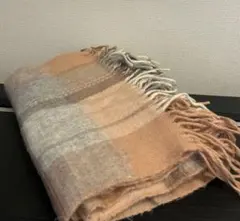 チェック柄フリンジマフラー オレンジ系 180cm x 30cm