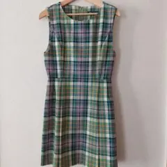 YORKLAND ノースリーブ ひざ丈ワンピース グリーン系 チェック柄