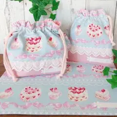 ハンドメイド　お弁当袋　コップ袋　ランチョンマット　ケーキ×ピンク