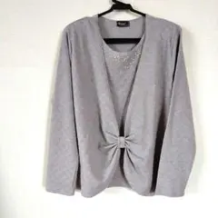 長袖アンサンブル風おしゃれニット　グレー　ビジュー付き　ラメ　伸縮性あり
