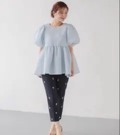 バックリボンボリュームスリーブジャガードトップス