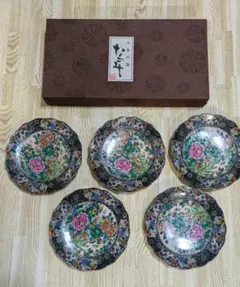 九谷焼 正峯 金彩 青粒 色絵 花絵 輪花形　錦絵 銘々皿（小皿） 5枚組