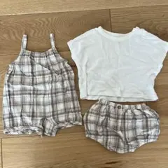 チェック柄　オーバーオール　パンツ　Tシャツ　ベビー　双子　男女双子