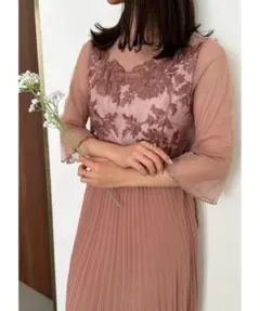 メロースリーブ×プリーツドレス　ドリードール　刺繍＆プリーツ