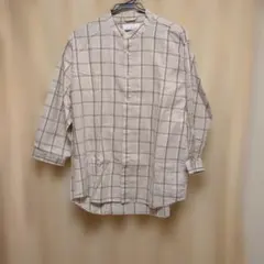チェック柄バンドカラー七分袖シャツ