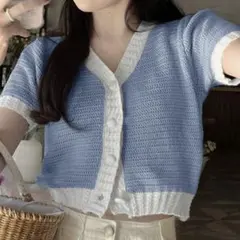 SHEIN 水色半袖カーディガンニットカジュアルボタンフロント GANGWEI