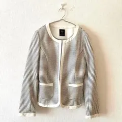 ☆【RH】ノーカラージャケット ボーダー 綿混 袖口スリット フルホック XL