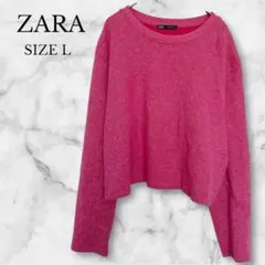 ザラ　リブニット　セーター　トップス　映えカラー　クルーネック　派手　ピンク　L