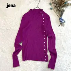 jena リブ長袖ニット モックネック 袖配色 デザインボタン付き 差し色