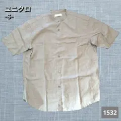 A-1532〈ユニクロ〉 バンドカラー 半袖シャツ S ベージュ