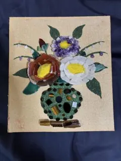 アンティーク】額装 額縁 宝石画 原石 鑑賞石 花瓶 花 絵画 ストーン
