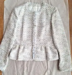 【ANAYI】新品未使用 ノーカラー ツイード ペプラム ジャケット 上品爽やか